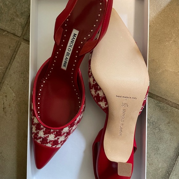 MANOLO BLAHNIK CAROLYNE 50 HOUNDSTOOTH TWEED SLINGBACK PUMPS RED 8.5 - Picture 3 of 4